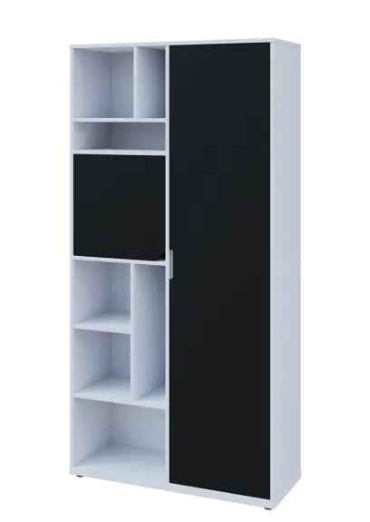 KSR6-83 P skříň šatní, 1x výsuvné ramínko, dvířka, niky, 2053x1022x400 mm, provedení pravé, bílá sněžná/černá